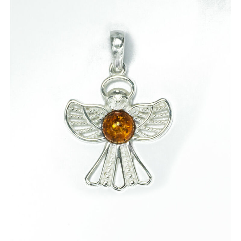 Angel - angyalkás ezüst medál borostyánnal