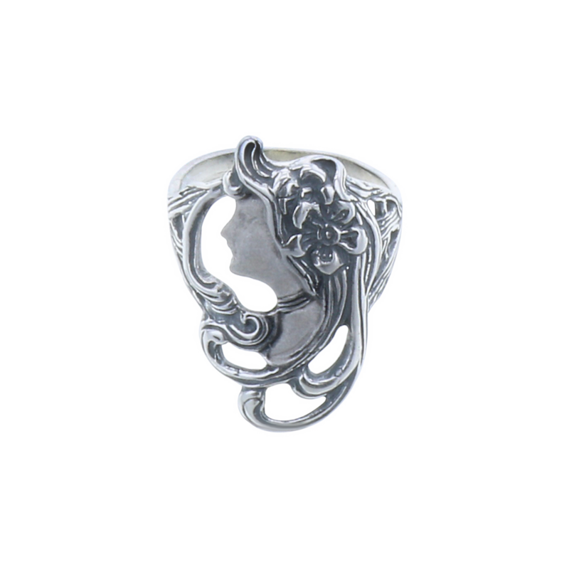 Női fejes szecessziós stílusú ezüst gyűrű